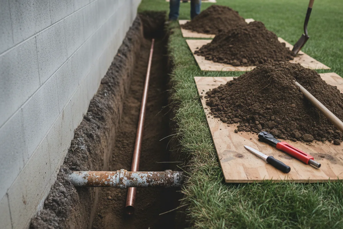 Excavated water line trench during Sewer Line Repair in Elkhart Lake